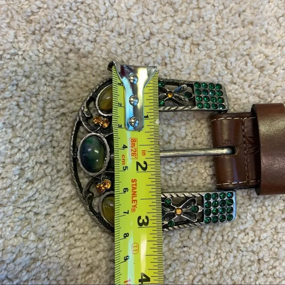 BUFFALO David Bitton green yellow Rhinestone Gem Embellished brown leather belt